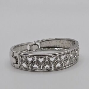 Rhinestone‎ Heart Cluster Bracelet Silver Tone Womens Hinged Statement